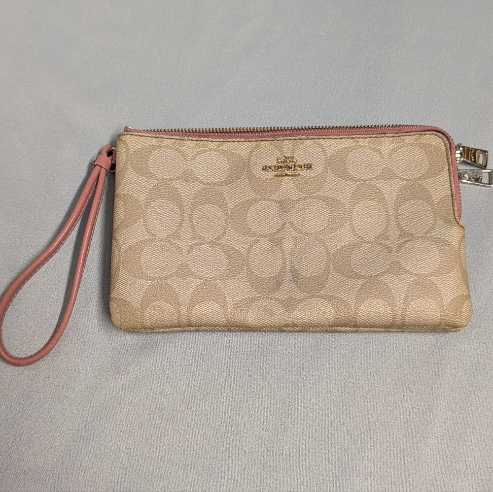 Coach Signature Canvas Wristlet in Beige with Pink Trim